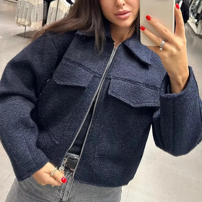 MUJER Cropped Bomber Jackets for Women White Black Tweed Jacket Woman Fall Zipper Oversize Jacket Women Long Sleeve Women Coats 250708