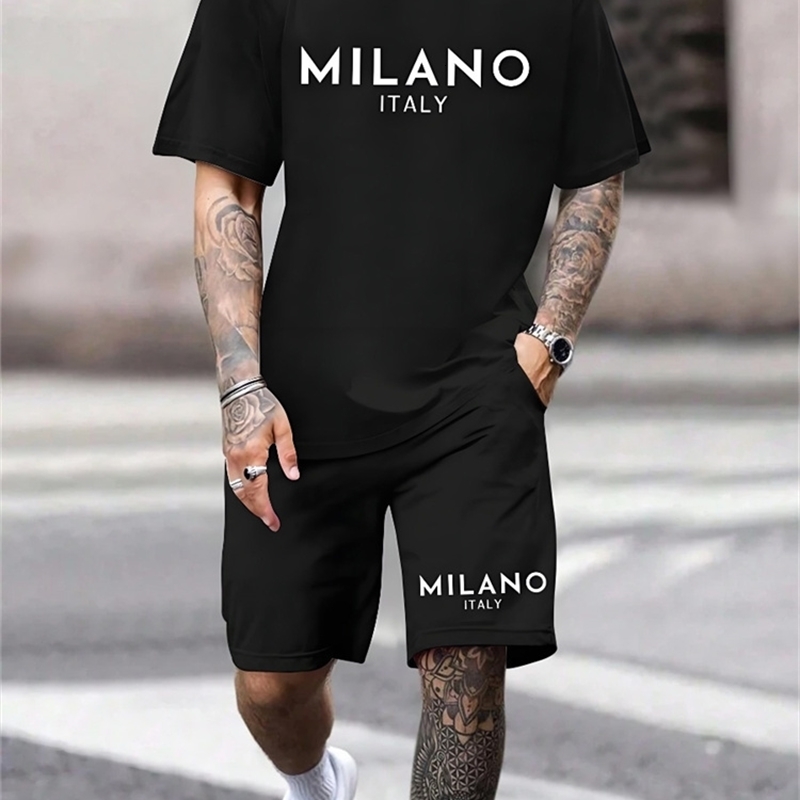 Twopiece Milano Print Mens Set Summer Casual Everyday Shortsleeved Tshirt Outdoor Street Men Fashion Sports Shorts 250614