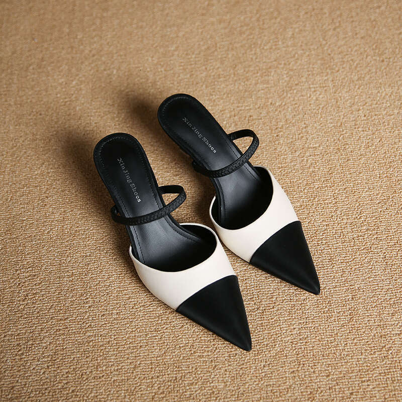 699-70 New Style Small Fragrance Color Block Pointed Toe Half Mules Sandals with Open Back and Closed Toe, Strappy Kitten Heels for Women