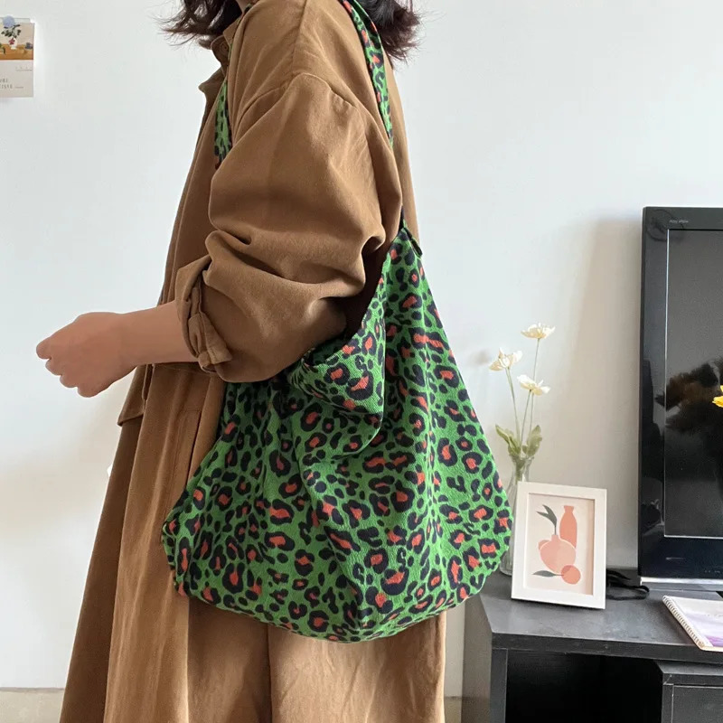 Womens Corduroy Shoulder Crossbody Bag Green Leopard Print Cloth Large Capacity Handbag Casual Travel Shopping 250704