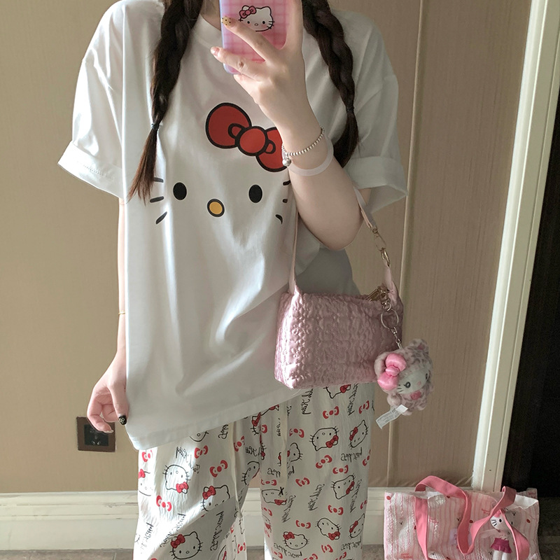 B972-Pajamas women summer pure cotton short-sleeved trousers cartoon student girl home clothes two-piece set