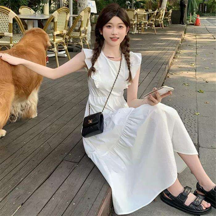 French Style Small Flutter Sleeve Vest High-End Gentle First Love Waist-Cinching Super Fairy Sweet Purple Long Dress For Summer Women B5