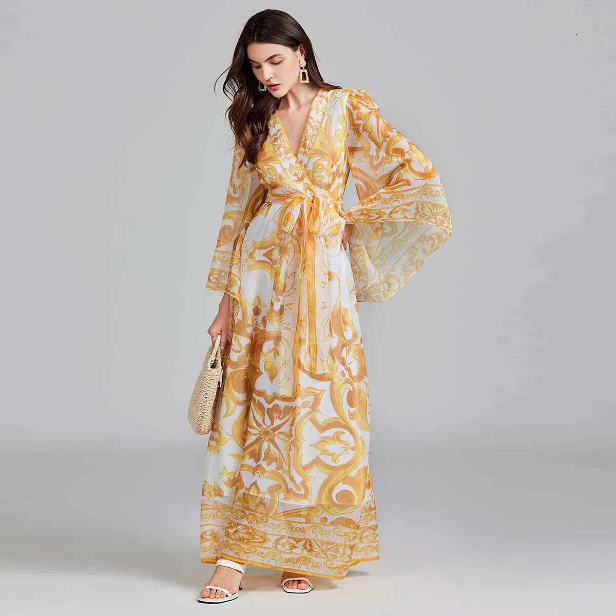 Summer Autumn Golden White Porcelain Flower Print Lantern Long Sleeve Maxi Dress For Women Muslim Style Prom Evening Dresses dongdumaoyi