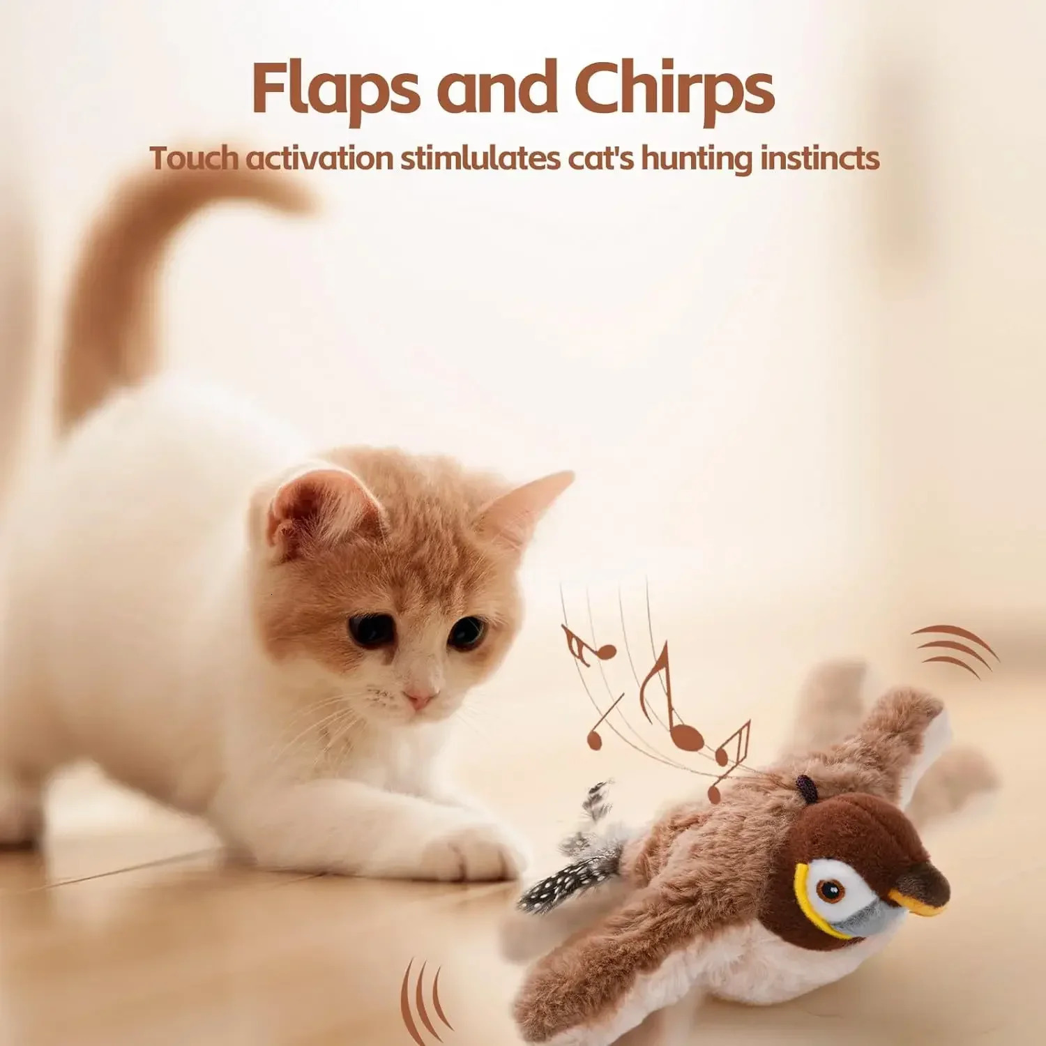 Interactive Cat Toys Rechargeable Chirping Flapping Birdno Flying with Catnip for Indoor Cats Touch Activated Plush Toys 250716ww