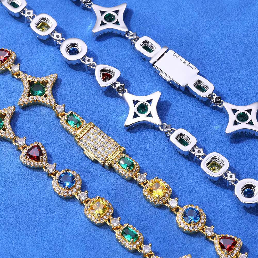 NUOYA New Arrival Colorful Zircon Chain for Women 925 Silver VVS Moissanite Geometry Motif Link Necklace Hip Hop Jewelry