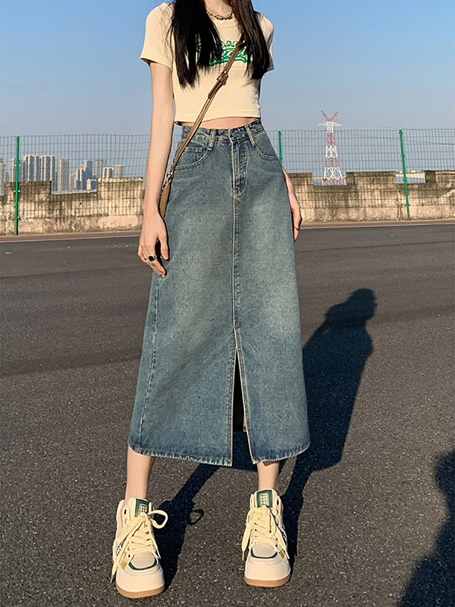 2025 New women's skirt new high waisted split denim skirt women's new summer A-line skirt tight fitting skirt long skirt fashionable new des