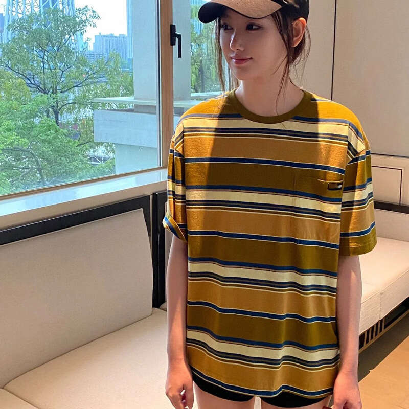 Highly Recommended Miu+ Color Series Elegant Up Color-Block Striped Regular Shoulder Short Sleeve Tee Top For Women B5