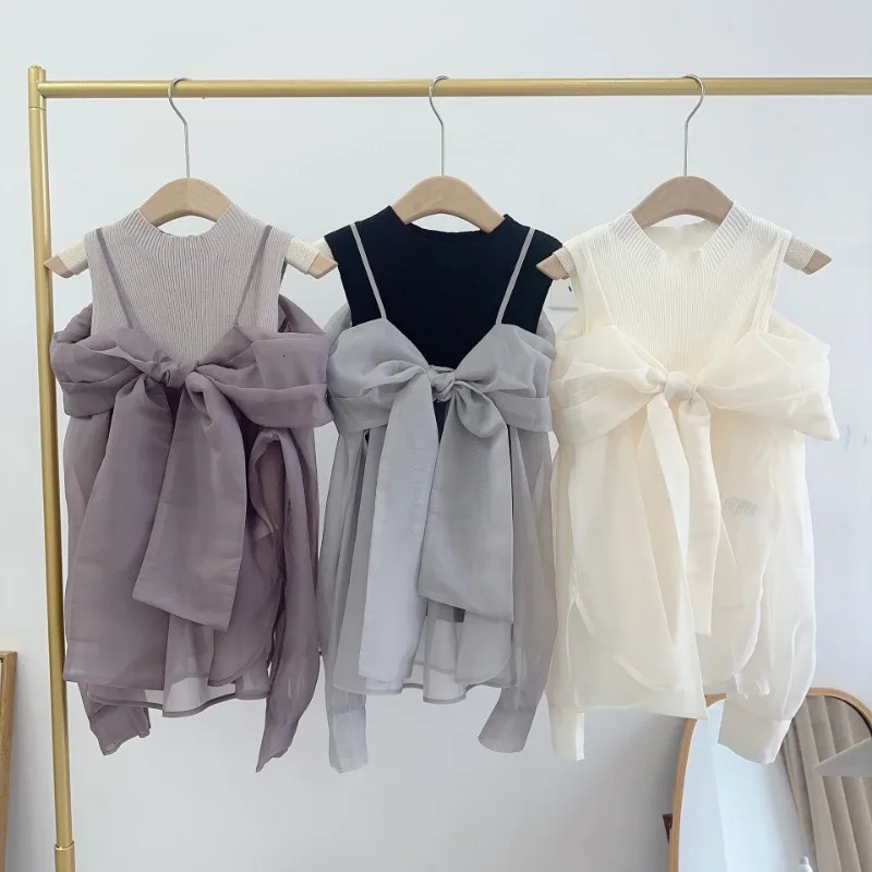 Neploe Sweet Voile Bow Patchwork Sets Slingo Neck Knit Off Shoulder Vest Jumper Japan Moda Elegant Suits Ruched Pullovers 250708