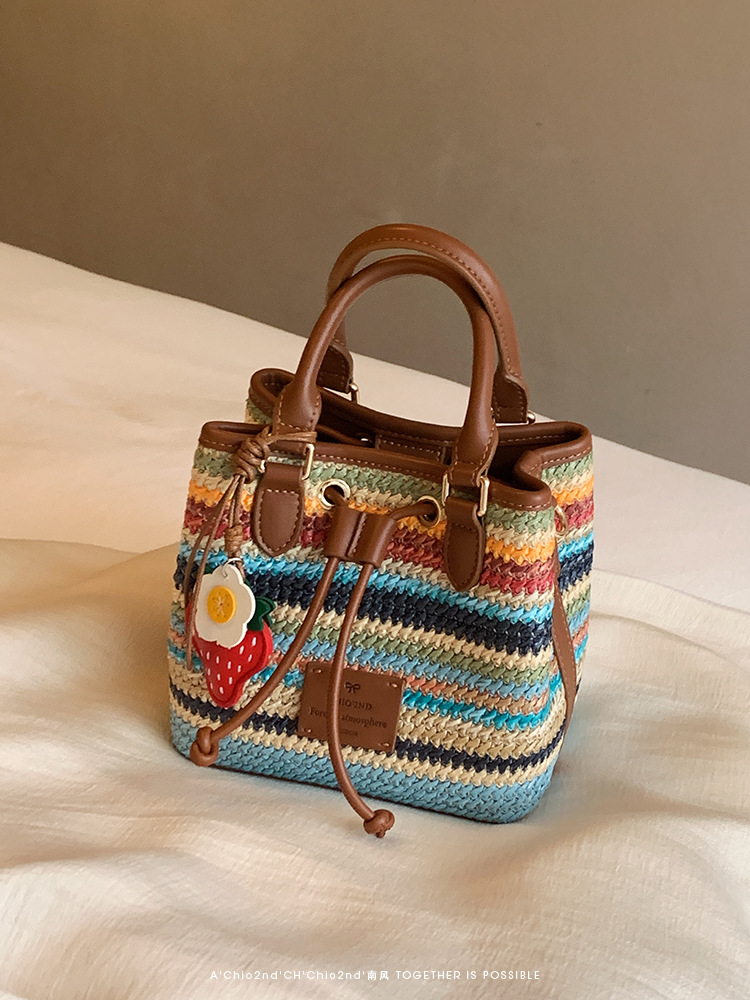 2025 New Women's Rainbow Candy Jar Bucket Bag - Woven Bag Handheld Single - Shoulder and Cross - Body Bag