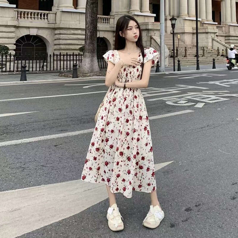 French Style Flutter Sleeve Square Neck Floral For Women Summer Vacation Beach Elegant Fairy Long Dress B5