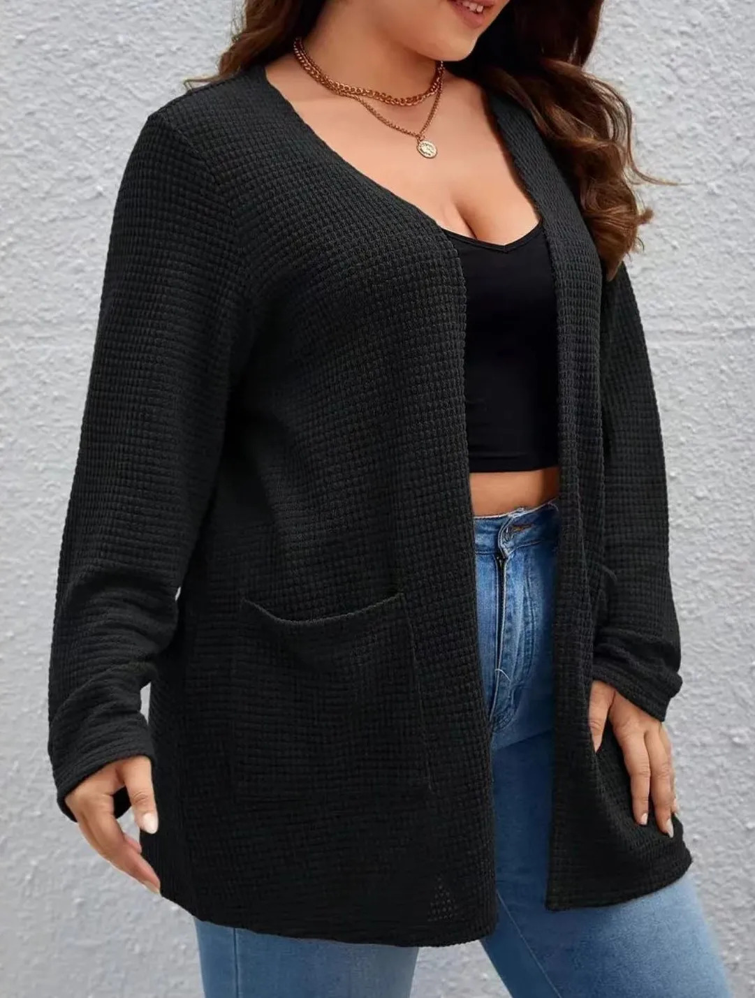 Plus size pure color pocket cardigan coat casual long-sleeved shirt suitable for spring and autumn wear women plus size cloth 250710