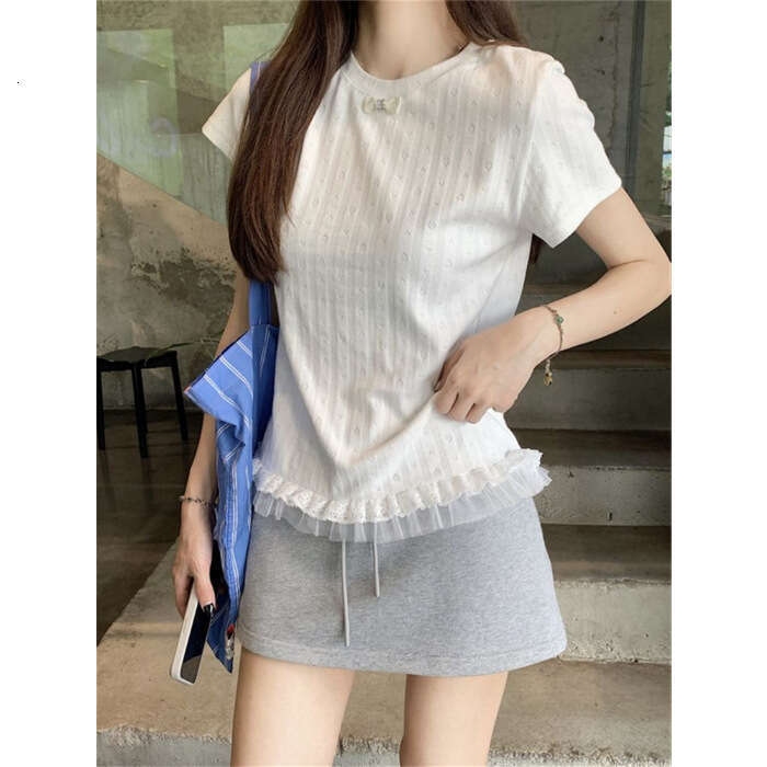 French Gentle Style Sweet Lace Trim Short Sleeve T-Shirt For Women Summer Fashion Jacquard Versatile Top B5