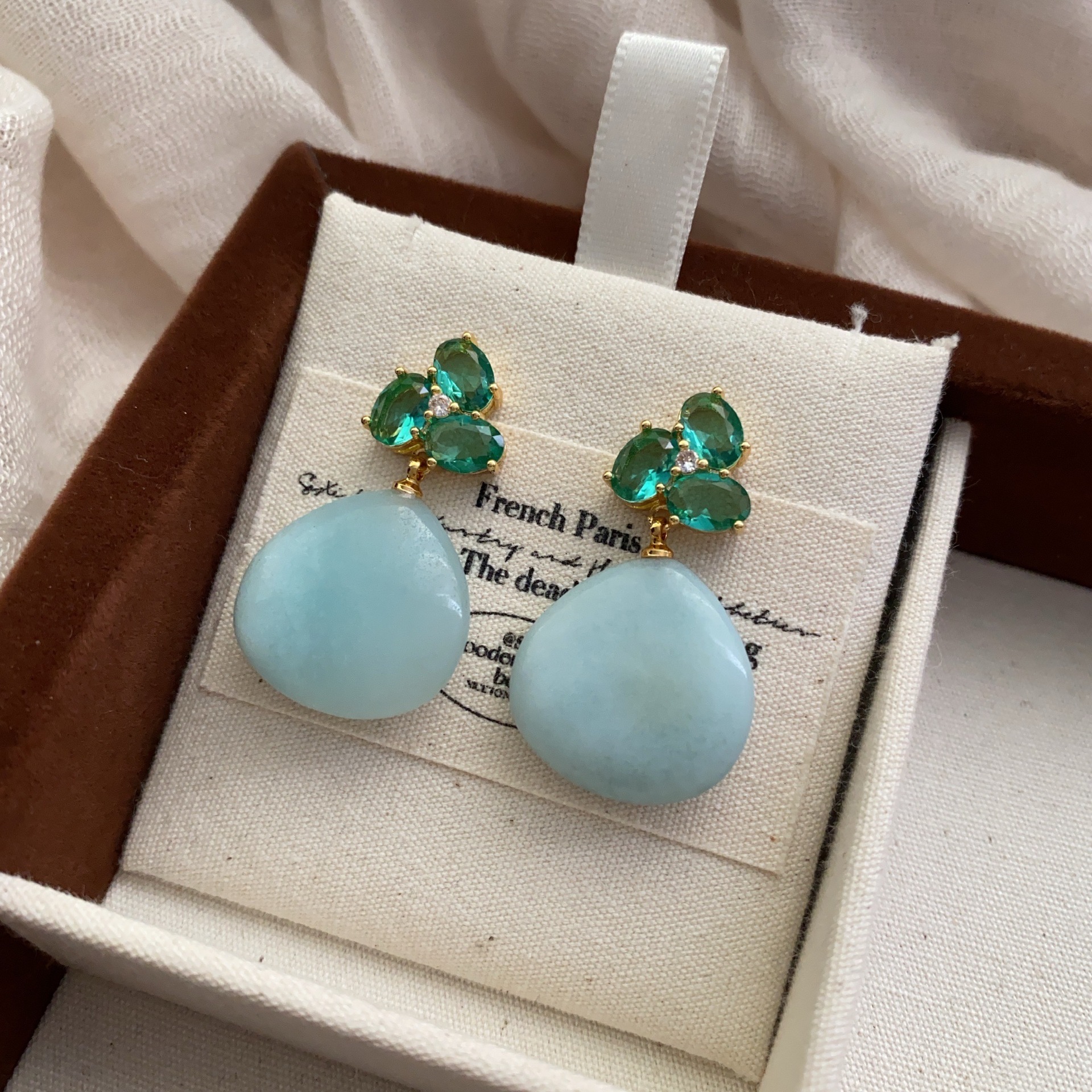 New Style Diamond-Studded Earrings Malay Jade Earrings Niche Elegant Earrings Inlaid with Natural Stone Earrings Sweet Earrings