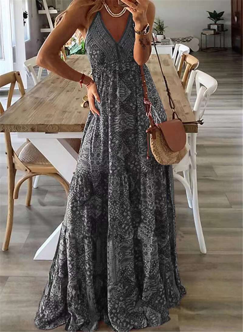 Bohemian Style New Suspender Long High Waist V-neck Printed Floral Dress Womens Clothing dongdumaoyi