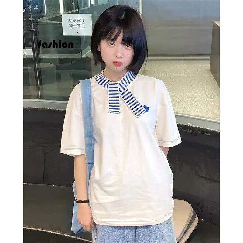 Pure Cotton Korean White Short Sleeve T-Shirt For Women Summer New Design Loose Casual Petite Top College Style B5 h7