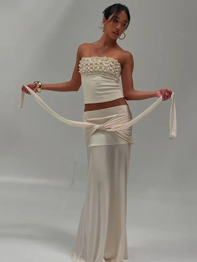 3D Flower Strapless Top Twisted Long Skirt Set Slim Fit Vest Blouse Ribbon Lace Up High Waist Crop Yarn Wrap Hip Skirts Women 250711
