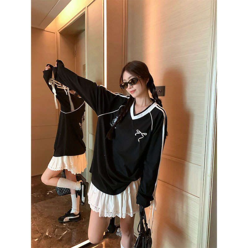Autumn New American Style College Wind Three-Stripes Long Sleeve Sweatshirt For Women, Loose Casual Mid-Length Top B5 h7