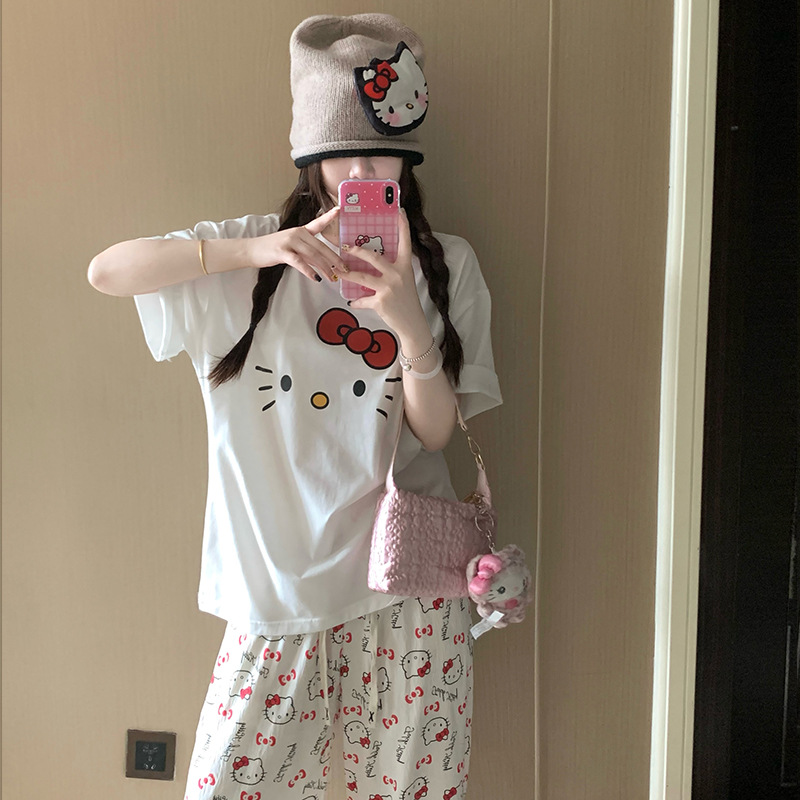 B972-Pajamas women summer pure cotton short-sleeved trousers cartoon student girl home clothes two-piece set