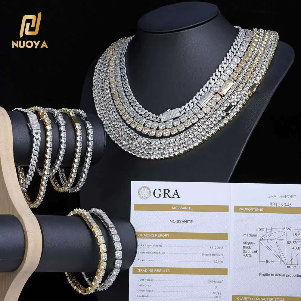 Nuoya 925 Sterling Silver Tennis Chain Luxury 7mm Custom VVS Moissanite Diamond Cluster Tennis Chain Necklace