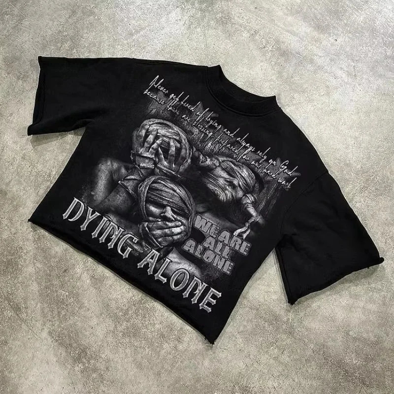 We Are All Alone Abstract Human Face Graphics Printed Cotton TShirt Men Y2K Short Sleeves Oversize Tshirt Streetwear Women Tops 250704