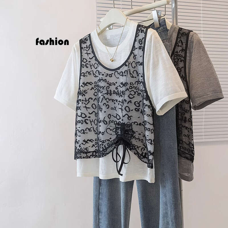 High-End Feel Plus Size Fake Two-Piece Lace Patchwork Short Sleeve T-Shirt For Women Summer Design Loose Casual Drawstring Top B5 h7