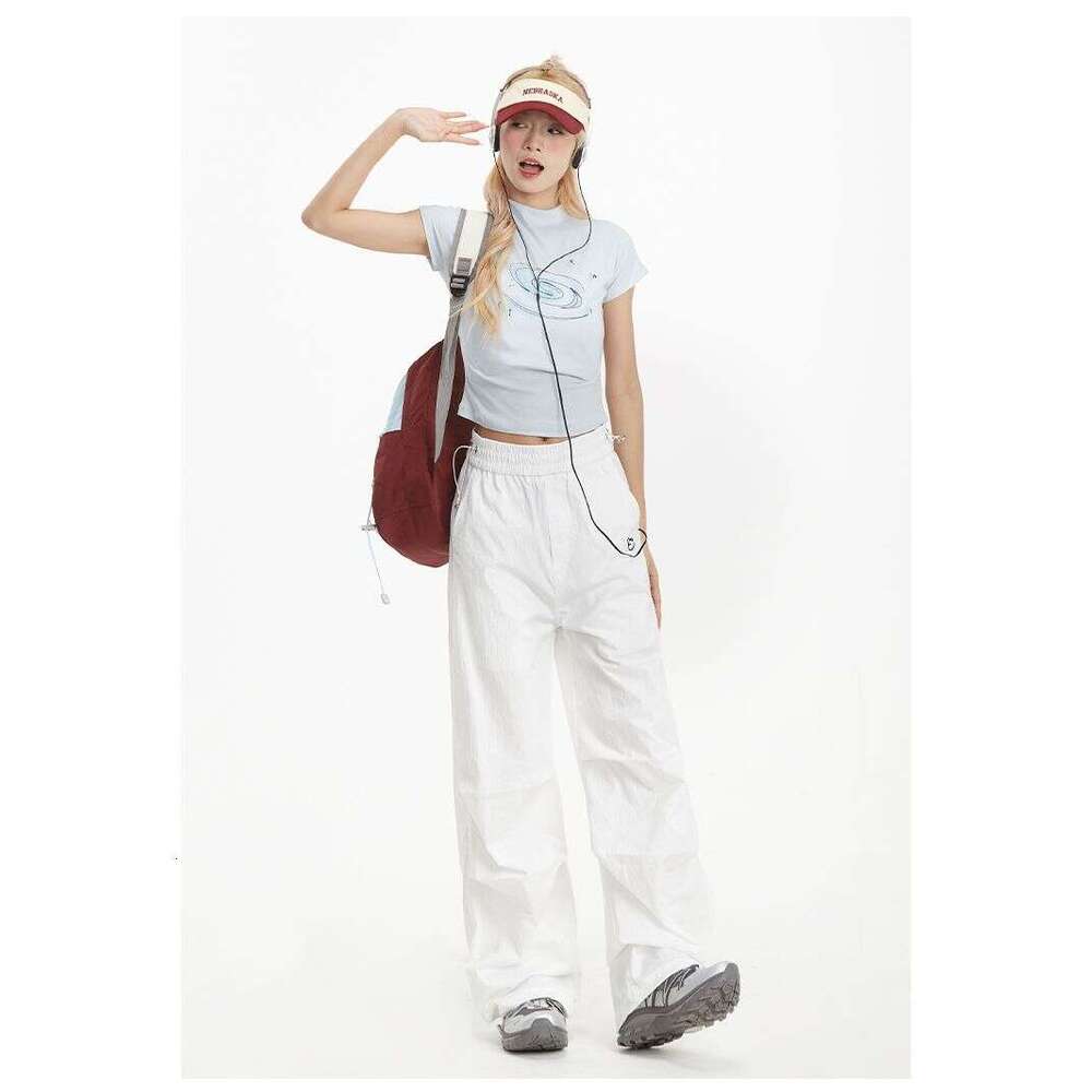 American Style White Cargo For Women Summer Embroidered Loose Casual Sports Quick-Dry Straight Leg Paratrooper Pants Trendy B5
