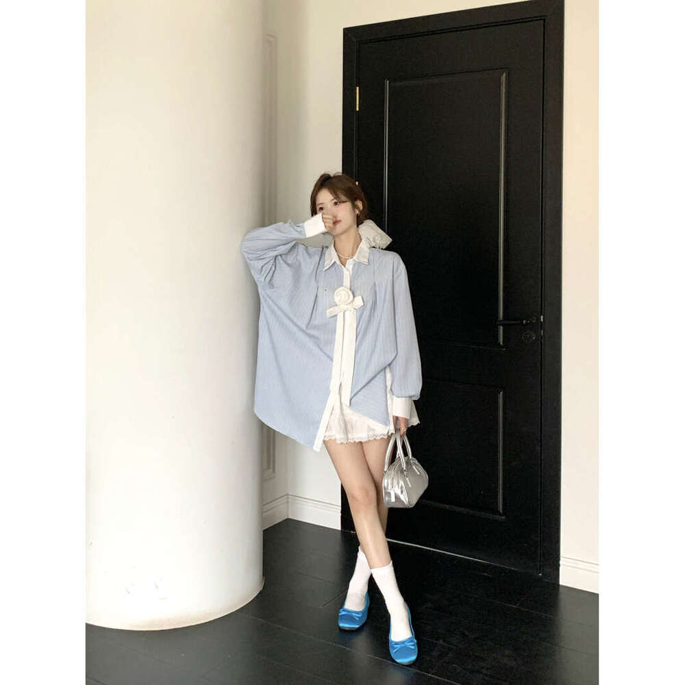 Blue Striped For Women Spring Summer Patchwork Loose Slimming Shirt Sun Protection Jacket Hong Kong Style Chic Top B5