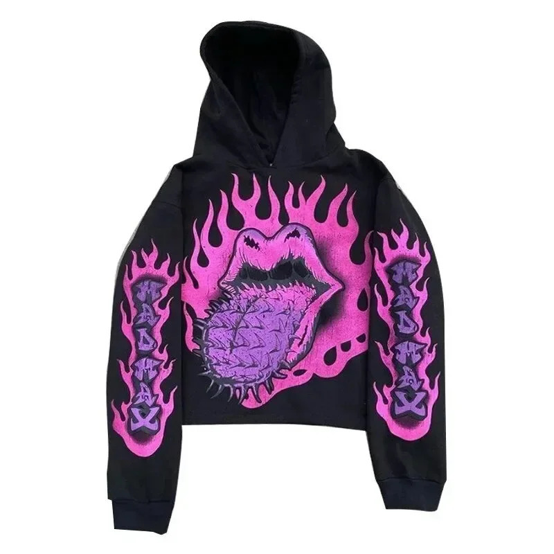 Retro hooded sweatshirt skull print flame Y2K retro hooded pullover jacket street style goth casual fashion mens Harajuku top 250709