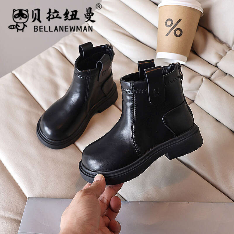 Children's Black Leather Short 2024 Autumn New Korean Girls' British Style Martin Boots for Older Kids