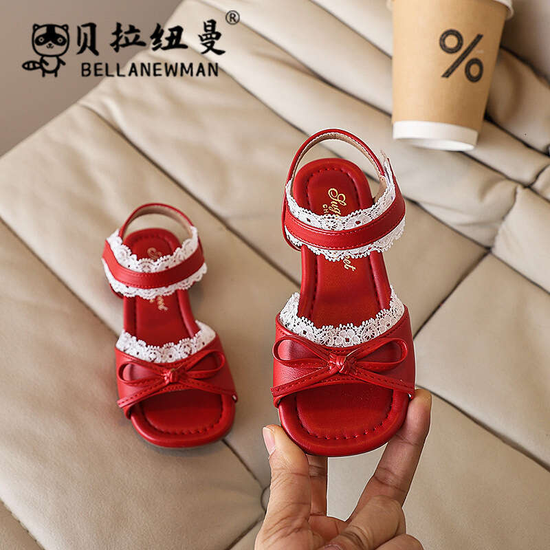 French Style One-Strap Bow Princess 2025 Summer New Children's Lace Edge Soft Sole Sandals