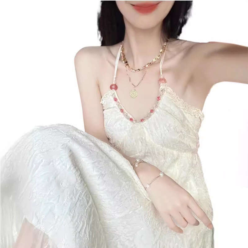 French Style White Halter Neck Strap For Women Summer New Beach Vacation High-End Elegant Long Dress B5