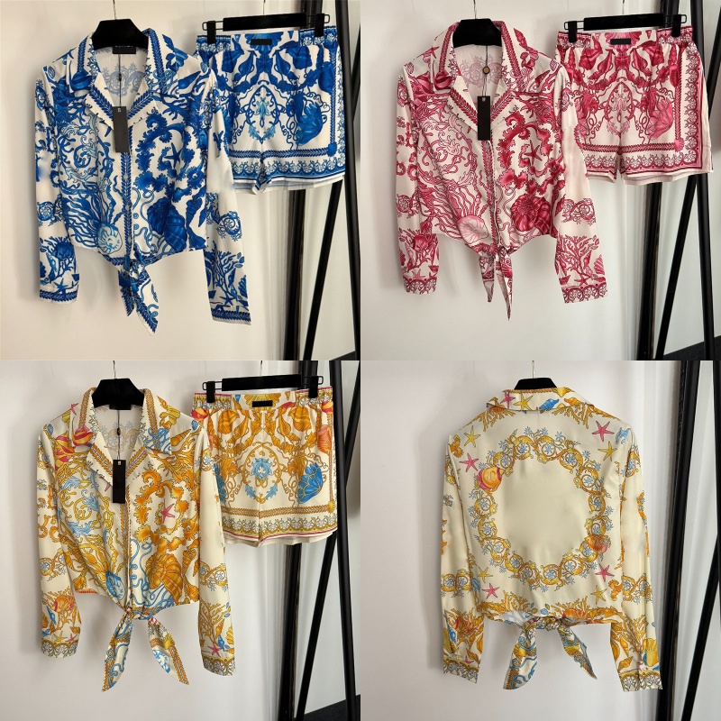 Women Printed Blouse Shorts Set Luxury Brand Lapel Neck Knot Shirt Shorts Outfit Summer Holiday Party Short Pants Set