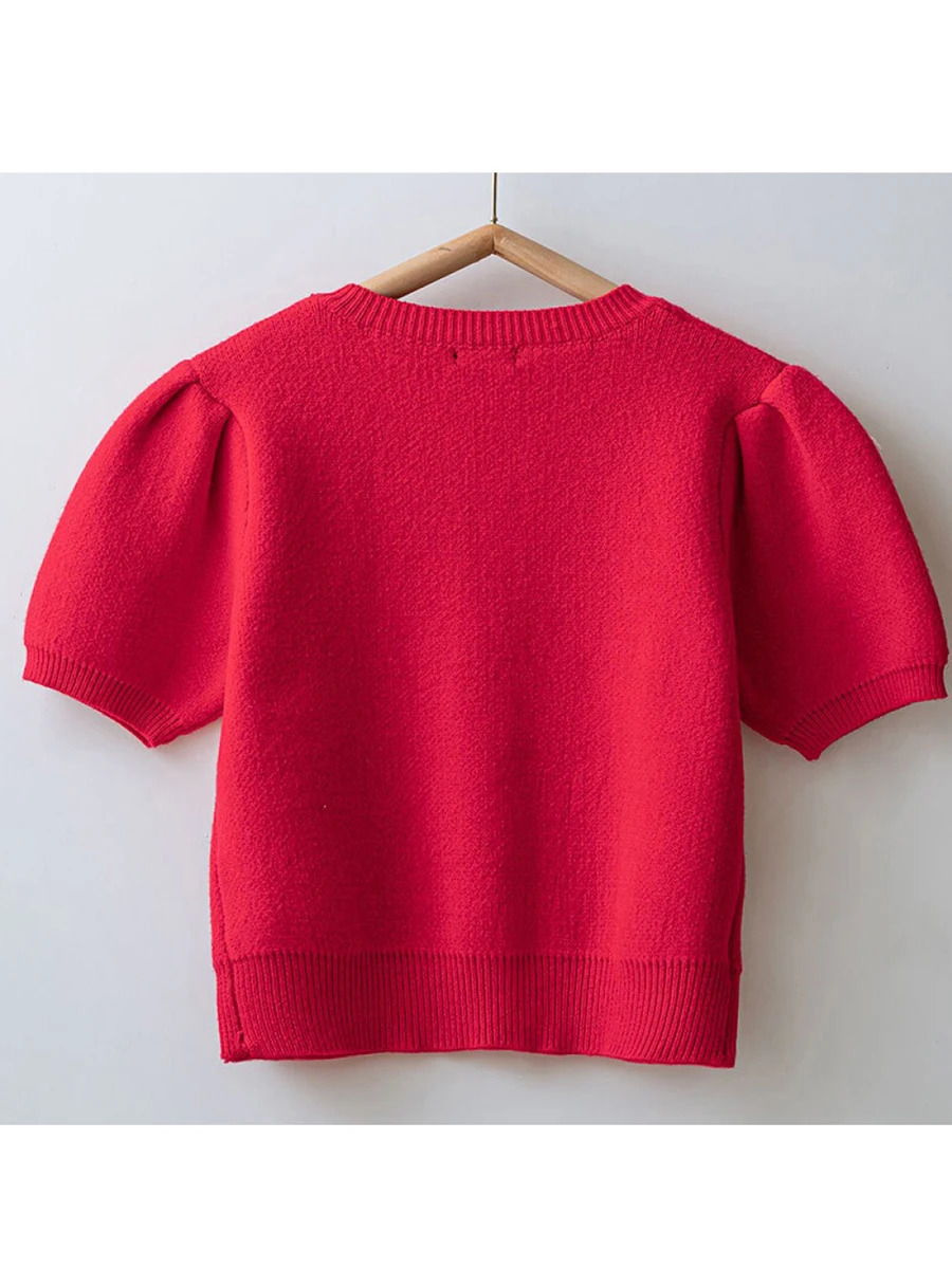Ladies Fall Sweater Jacket with Half Sleeves Round Neckline Button Closure and 3D Bow Detail Knit Cardigan 250710