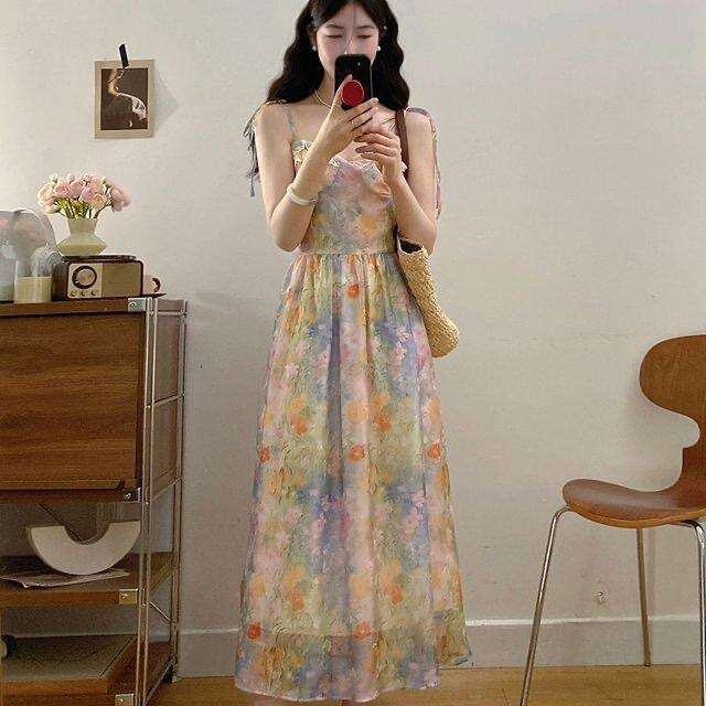 French Gentle Style Waist-Cinching Slimming Strap For Women Spring Summer Unique Distinctive Gradient Floral Long Dress B5