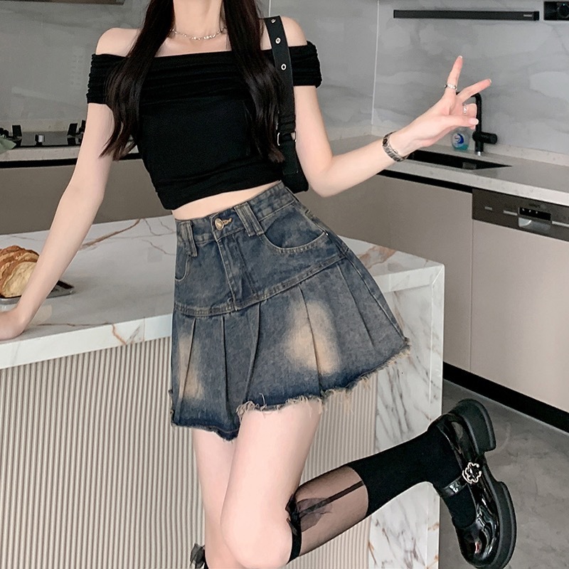 New Women's Skirt Summer Retro Outdated Style with Wrinkled Cowboy Skirt at the Bottom, Women's New Spicy Fold Skirt High Waist A-line Short