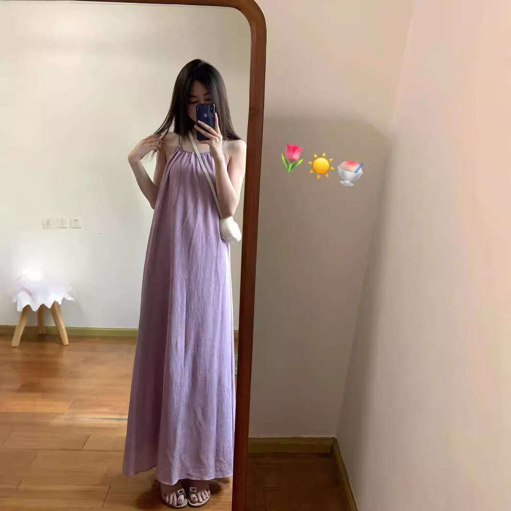 Purple Loose Strap For Women Summer New Vacation Gentle Long Chic Sleeveless A-Line Dress B5