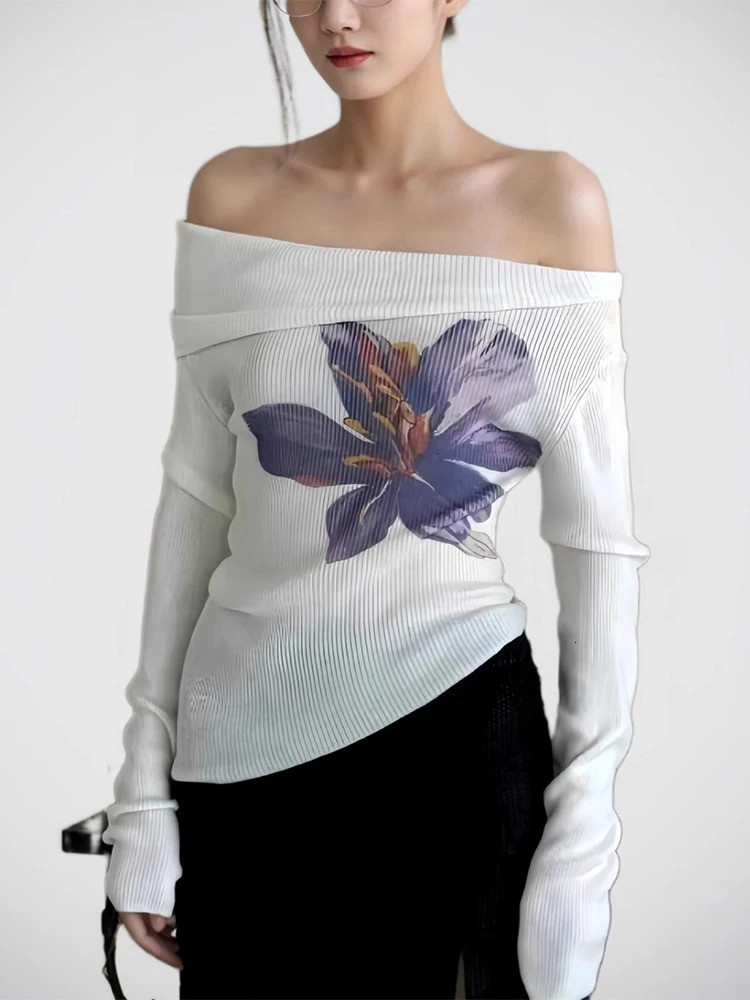 Trendix Knit Print Pullover For Women Summer Long Sleeve Asymmetric Top Ladies Party Sexy Off Shoulder Knitwear Flower Tops 250708
