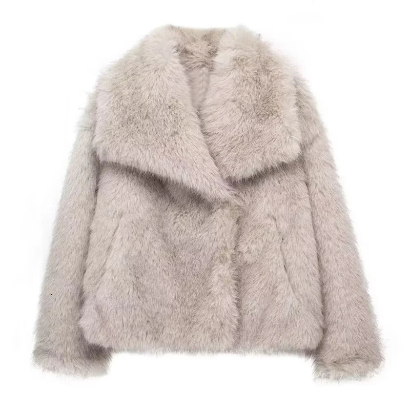TRAF Winter Faux Fur Coat Woman in coats Autumn Fur Plush Fluffy Jacket Warm Red Gray Black White Fur Coat Outerwears 250708