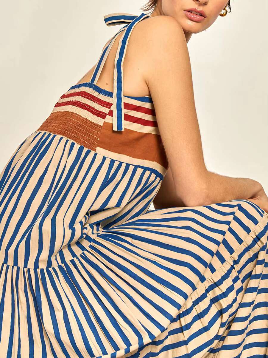 Womens Maxi Summer Casual Sleeveless Open Back Low Cut Flowy Stripe Shrimp Print Dresses 90s Vintage Long Cami Dress dongdumaoyi