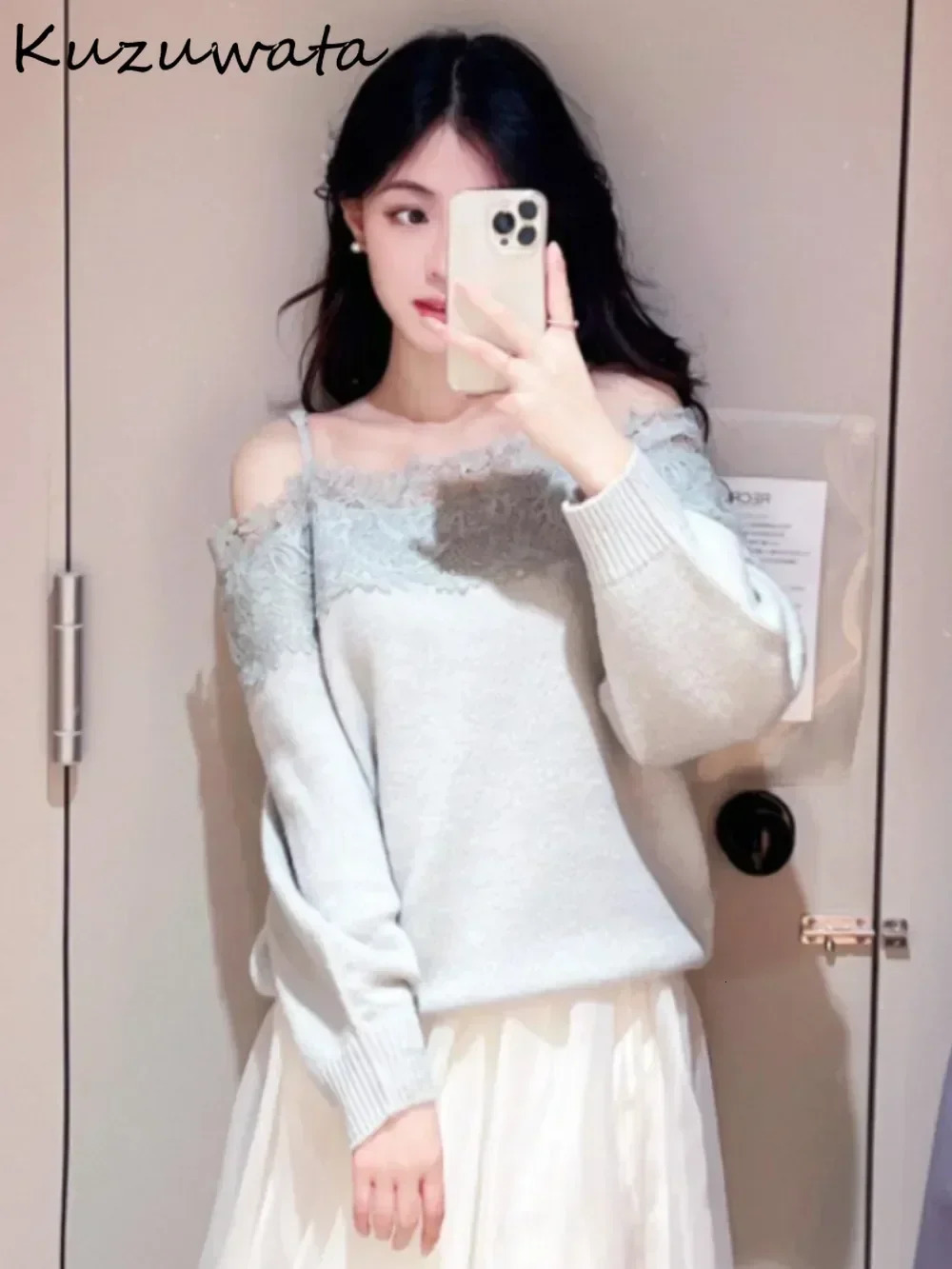 Kuzuwata Sweet Slash Neck Long Sleeve Pullover Knit Laces Patchwork Knitted Japan Embroider Off Shoulder Wool Sweaters 250708