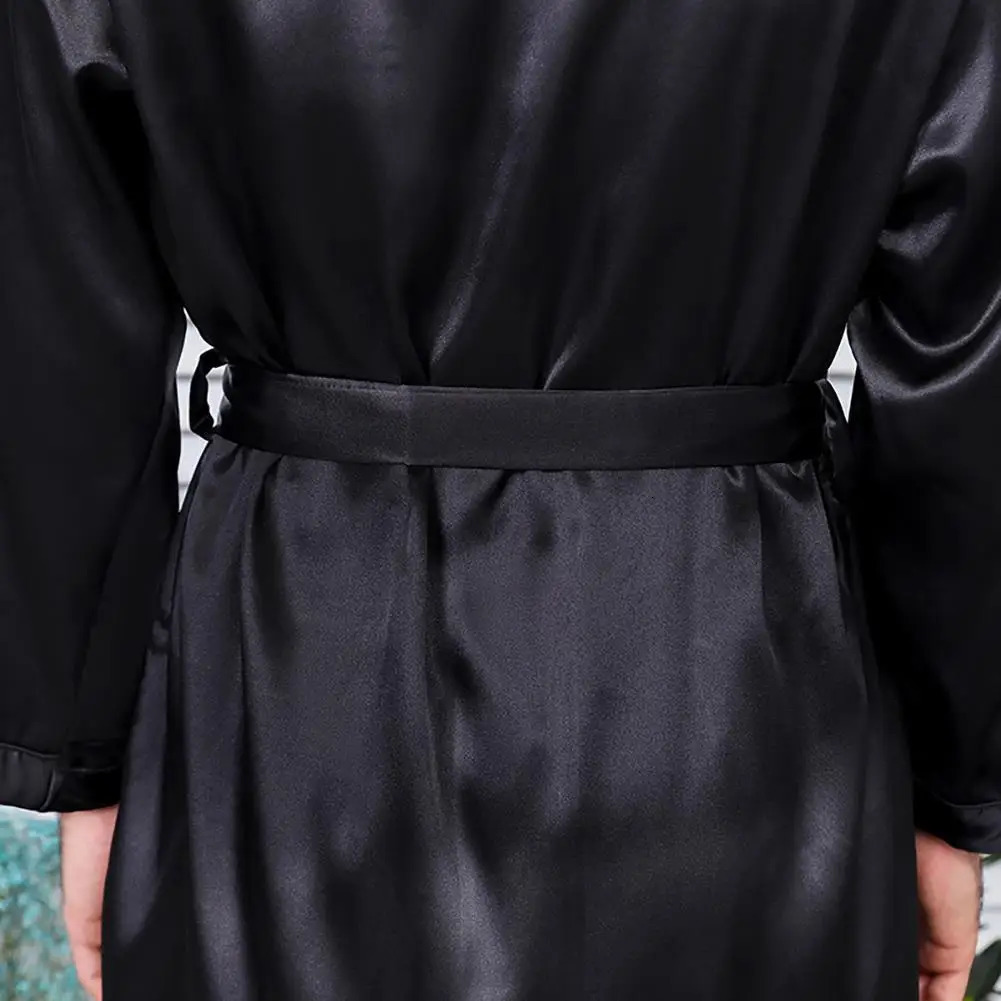 Summer Men Robe Silk with Pockets Waist Belt Bath Robe Home Gown Sleepwear 250710