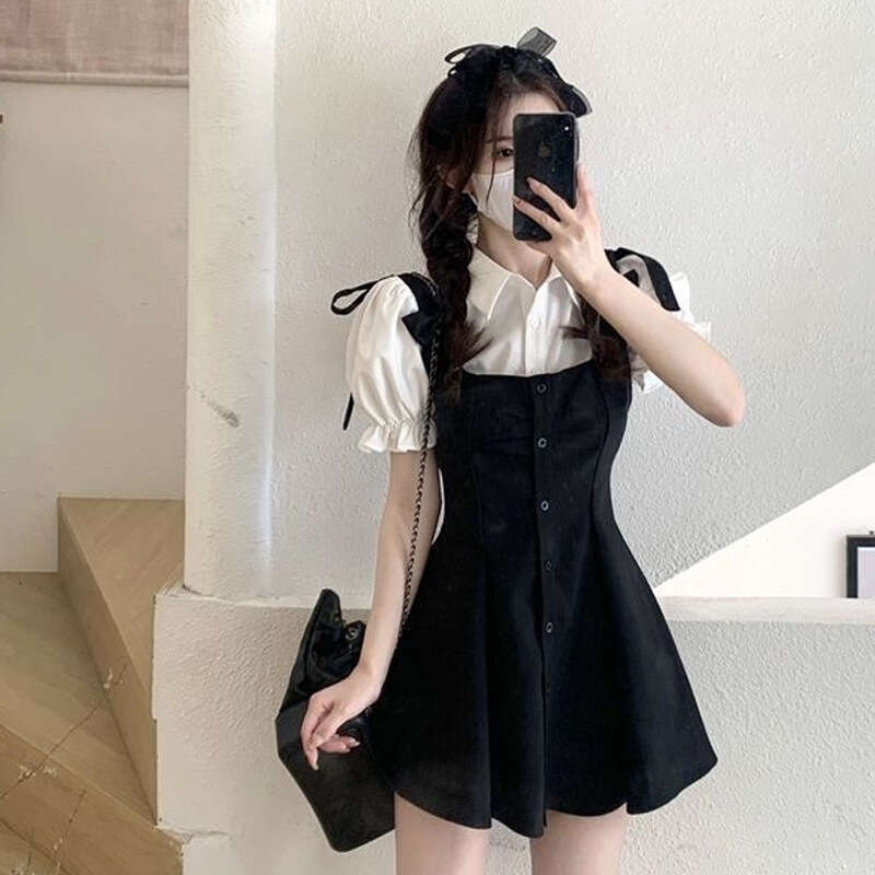 College Style Suit Petite Elegant Sleeve Shirt Black Strap Dress Two-Piece Set Waist-Cinching A-Line Short Skirt B5
