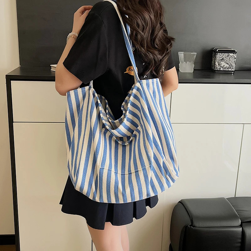 Summer Stripe Canvas Tote Bag Female Casual Large Capcity Handle Bag Simple Shoulder Bags Shopping Handbag Daily Bag 250704