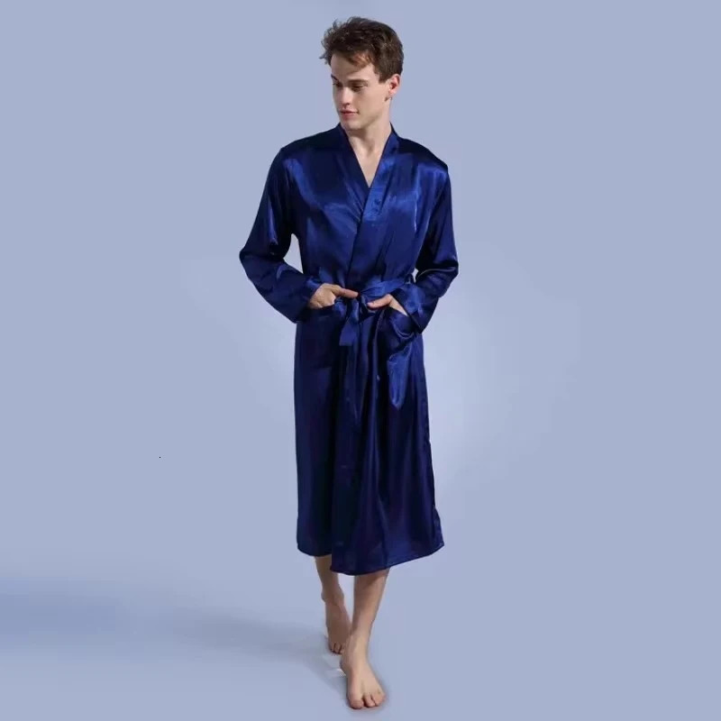 Mens Satin Kimono Robe Silky Long Bathrobe Pockets Lightweight Loungewear Men Dressing Gown Wedding Party 250710