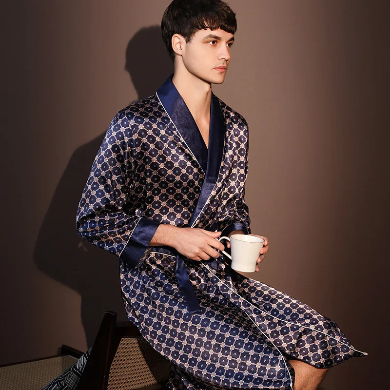 High Quality Nightrobes Men Summer Thin Bathrobe Large Size Ice Silk Printed Pajamas One-piece Robe Male Loungewear Gents Spring 250710