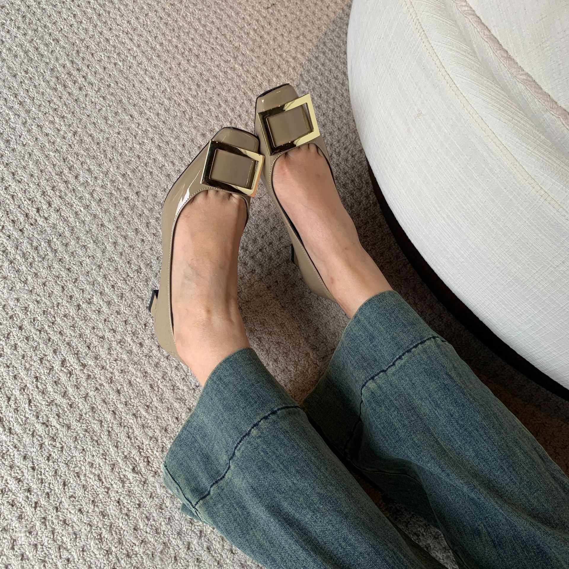 New Arrival Square Buckle Square-Toe Pumps - Genuine Leather Mid Heel Office Shoes for Women (Slate Grey/Classic Red/Jet Black, 4cm and 7cm)