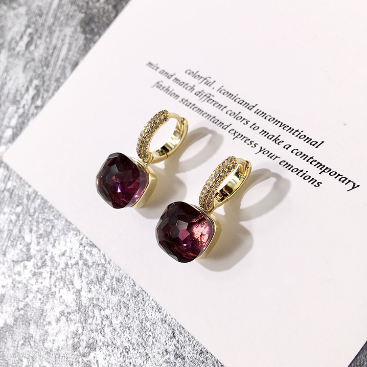 Fashion Crystal Gold Inlaid Diamond Earrings Korean Version Ins Style Cool Candy Color Geometric Square Stud Earrings