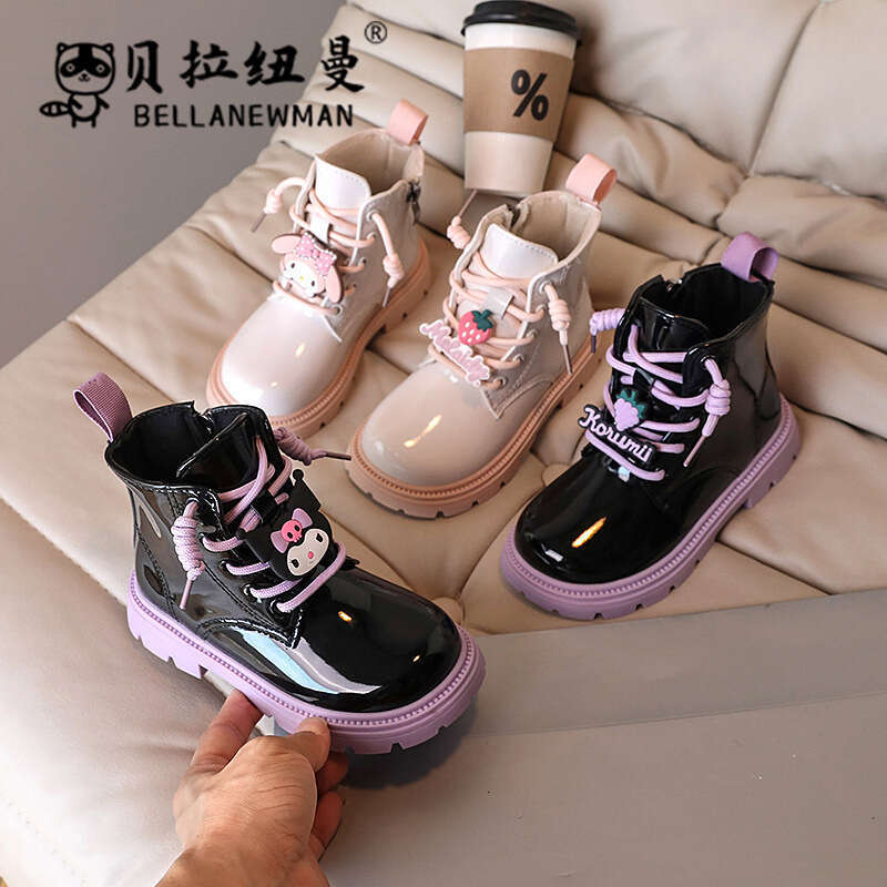 Shoes 2024 Autumn New Korean Style Patent Glossy Cartoon Girls' High-top Leather Children's Martin Boots