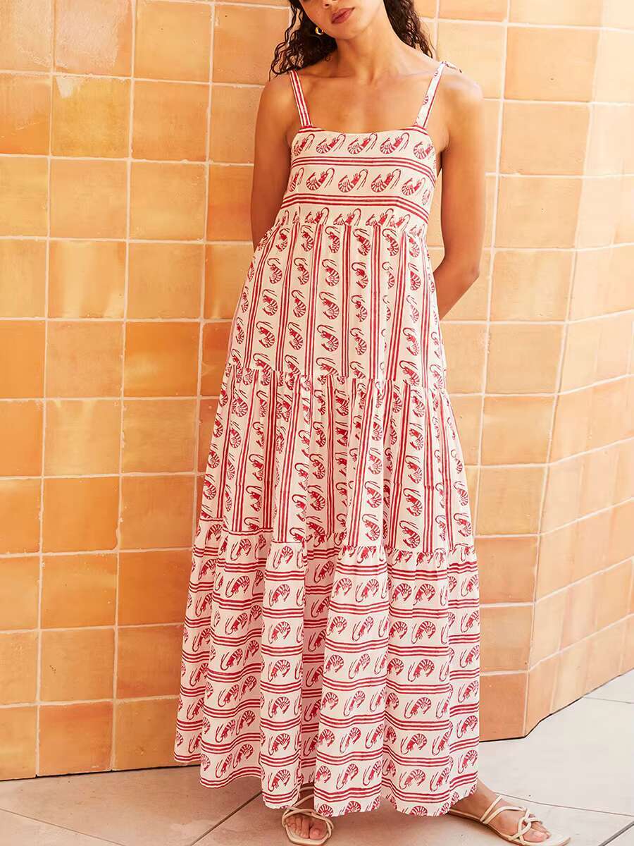 Womens Maxi Summer Casual Sleeveless Open Back Low Cut Flowy Stripe Shrimp Print Dresses 90s Vintage Long Cami Dress dongdumaoyi
