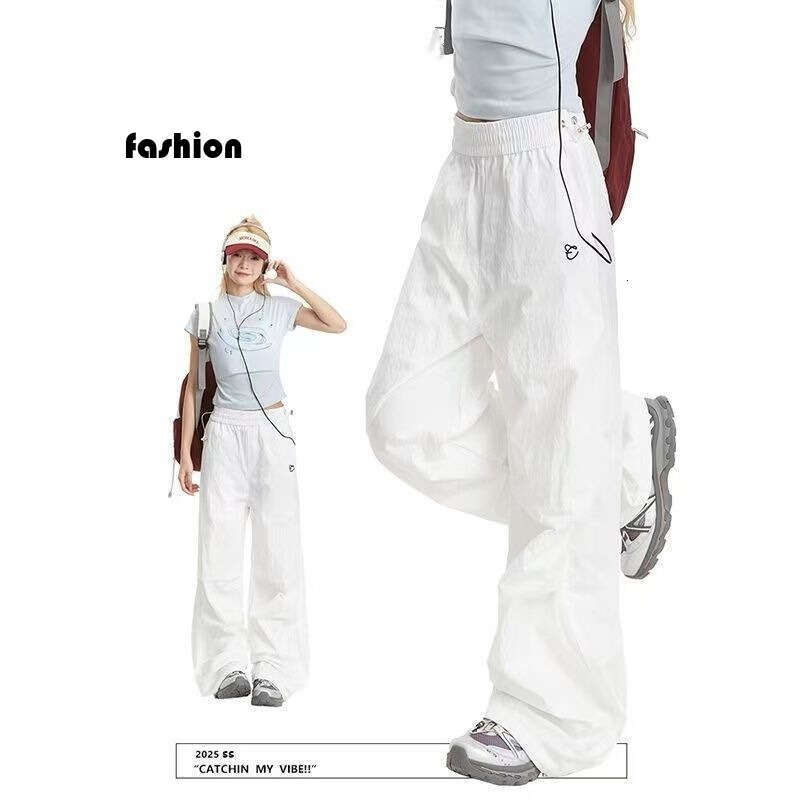 American Style White Cargo For Women Summer Embroidered Loose Casual Sports Quick-Dry Straight Leg Paratrooper Pants Trendy B5 h7